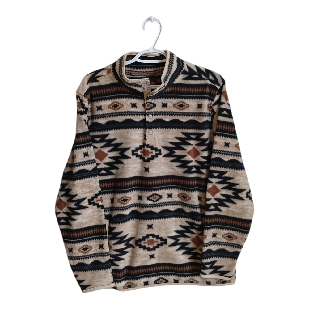 Men's Quarter Button Aztec Pattern Pullover Sweater - Beige & Black Redmon Med